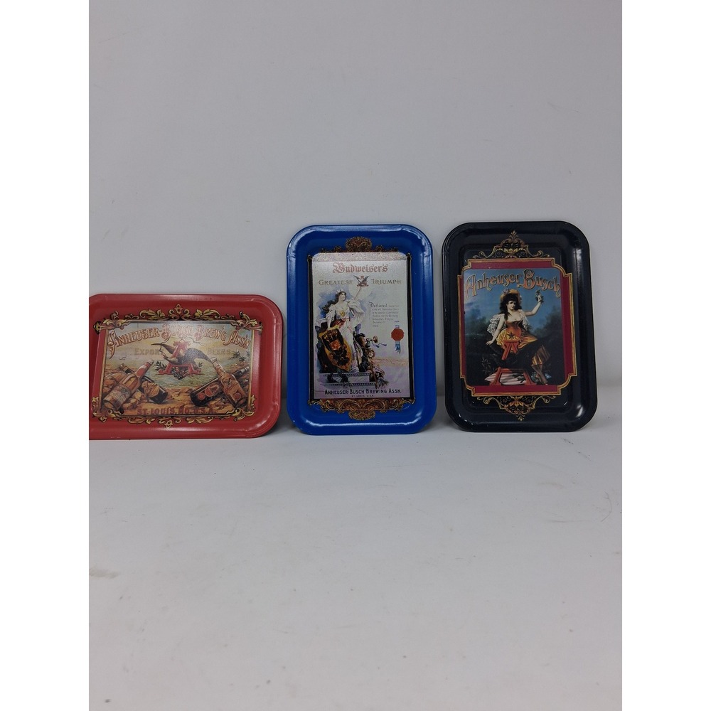 Vintage 1992 Anheuser Busch Budweiser Metal Tip Trays Set of 3 Red Blue Black. Q